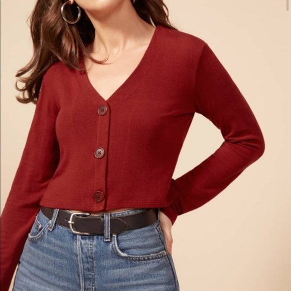 Reformation Sweaters - Reformation Marvin Button Crop Sweater Crimson S